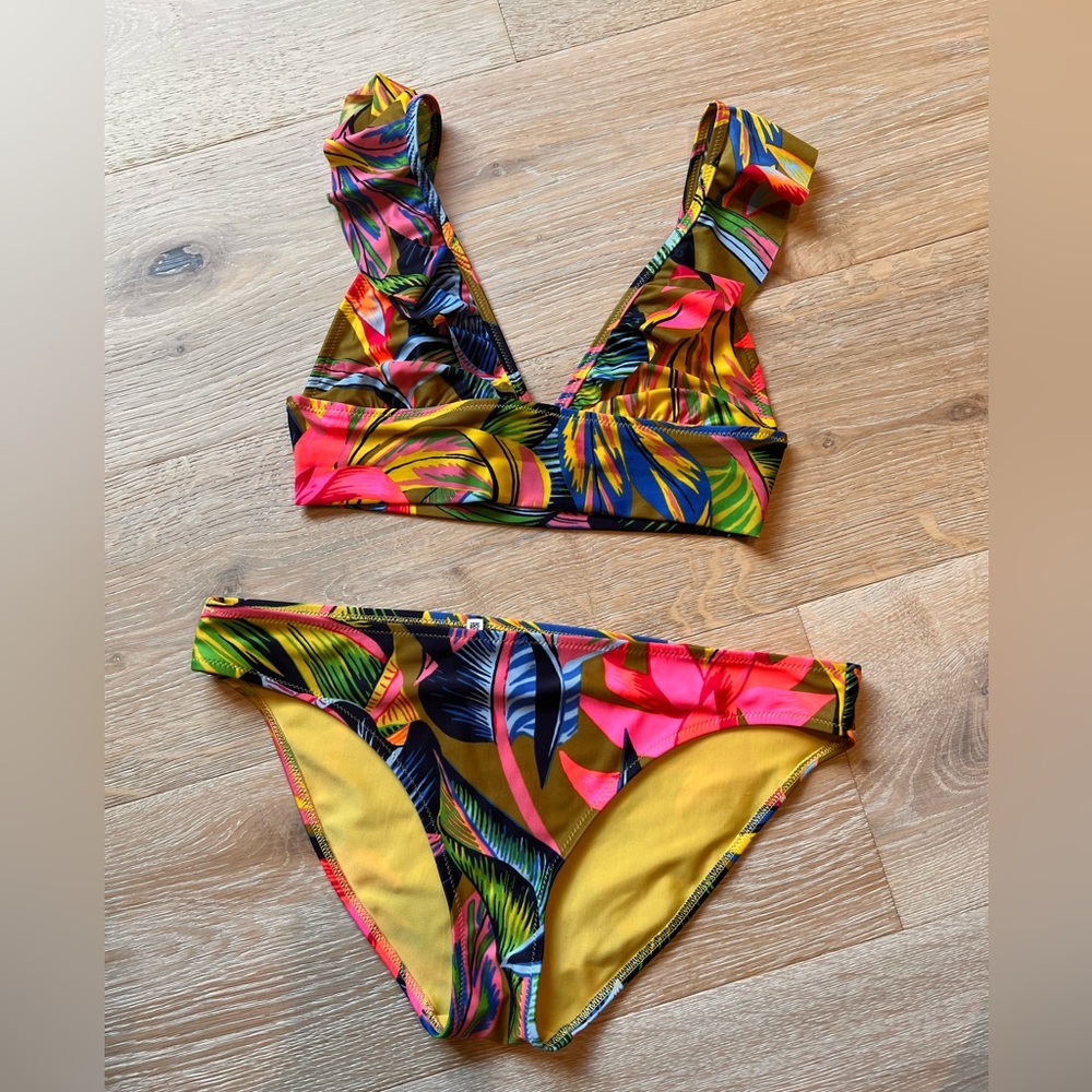 Aerie long line, ruffle, tropical print bikini